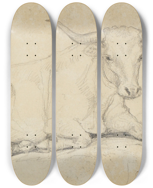 Triptych art skateboard deck of Ferdinand Keller Ochsenstudie Liegend by Ferdinand Keller (1842-1922)