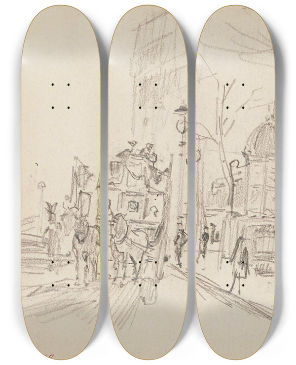 Triptych art skateboard deck of Frdric Houbron Omnibus Sur Un Boulevard by Frederic Houbron (1851-1908)