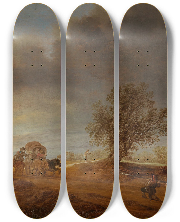 Triptych art skateboard deck of Jacob Salomonsz Van Ruysdael A Raid On A Horse And Wagon In The Dunes At Sunset by Jacob Salomonsz Van Ruysdael (1630-1681)