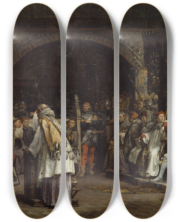 Triptych art skateboard deck of Carl Gustaf Hellqvist Religious Discourse Between Olaus Petri And Peder Galle by Carl Gustaf Hellqvist (1851-1890)