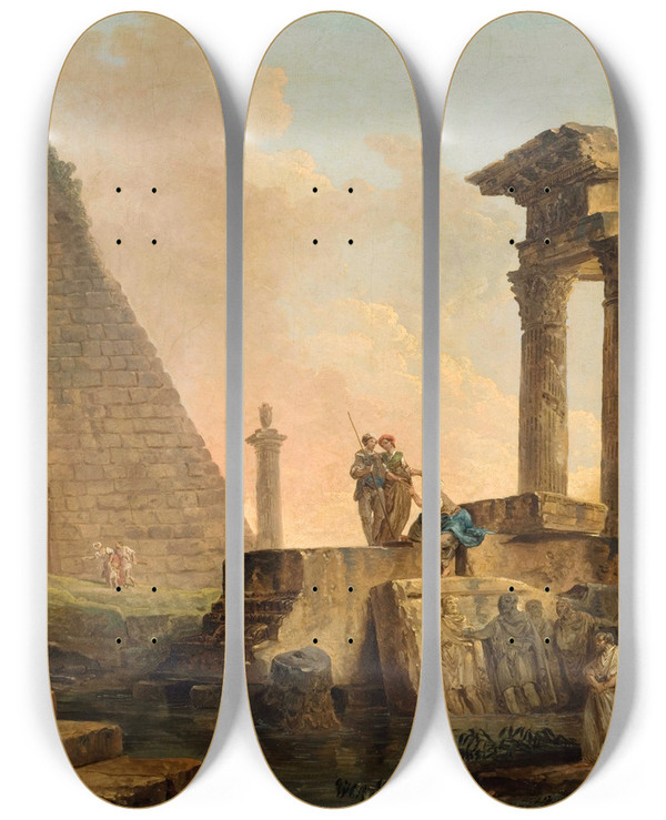 Triptych art skateboard deck of Hubert Robert Ruines Romaines by Hubert Robert (1733-1808)