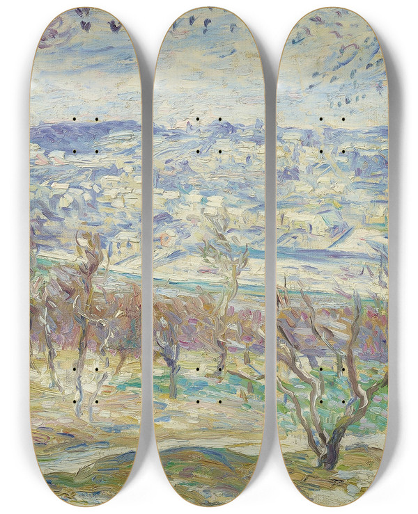 Triptych art skateboard deck of Henri Lebasque Paysage De Neige Aux Environs De Paris by Henri Lebasque (1865-1937)