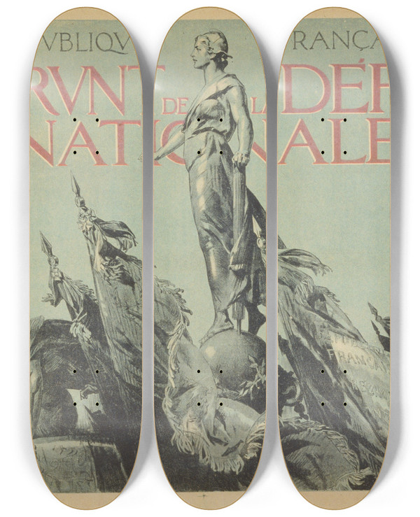 Triptych art skateboard deck of A Lelong Rpublique Franaise 3E Emprunt De La Dfense Nationale by A Lelong (1871-1933)