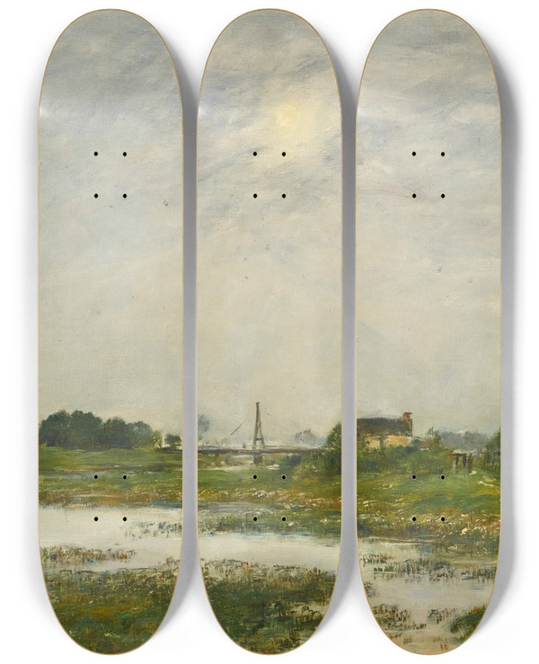 Triptych art skateboard deck of Eugne Boudin Les Bords De La Touques Pendant Les Grandes Mares by Eugene Boudin (1824-1898)