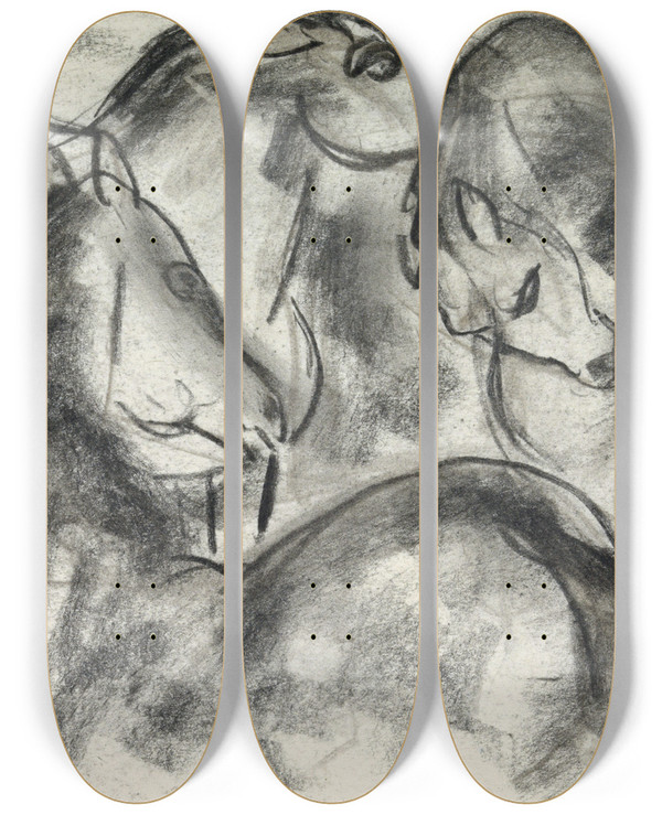 Triptych art skateboard deck of Leo Gestel Schets Van Drie Paarden by Leo Gestel (1881-1941)