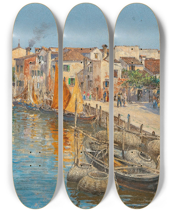 Triptych art skateboard deck of Antonietta Brandeis Venice by Antonietta Brandeis (1848-1926)