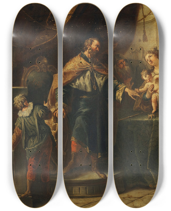 Triptych art skateboard deck of Gaspare Diziani The Infant Moses Trampling On The Pharaohs Crown by Gaspare Diziani (1689-1767)