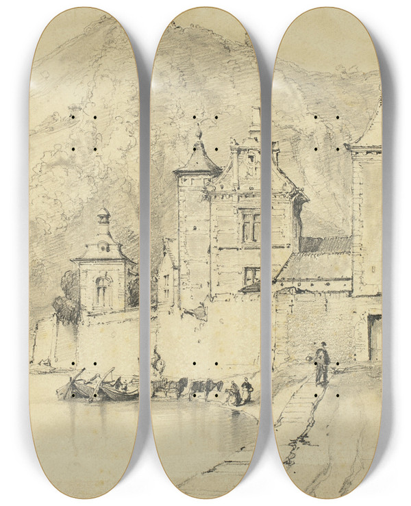 Triptych art skateboard deck of Arnauld De Vuez Town On The Meuse by Arnauld de Vuez (1644-1720)