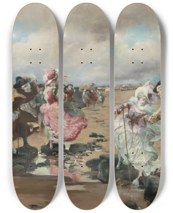 Triptych art skateboard deck of Georges Jules Victor Clairin A Sunday At The Seaside_2 by Georges Jules Victor Clairin (1843-1919)
