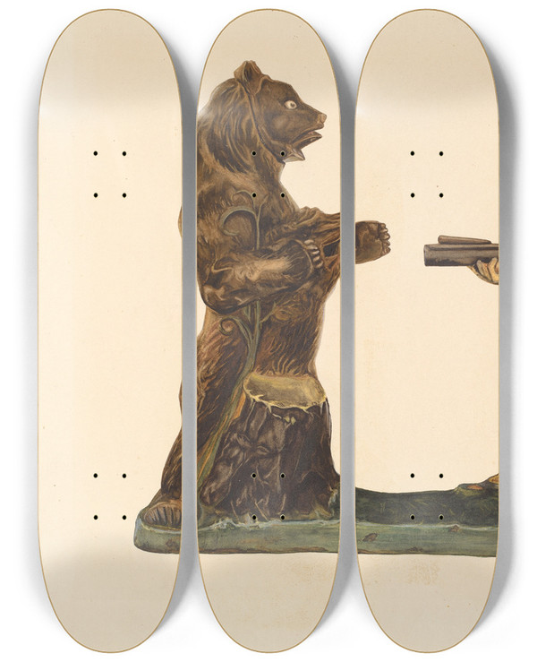 Triptych art skateboard deck of Einar Heiberg Toy Bank Hunter Shooting Bear by Einar Heiberg