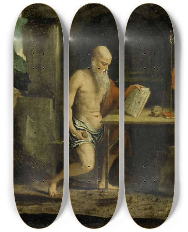 Triptych art skateboard deck of Bernardino Da Brescia St Jerome by Bernardino Da Brescia (1540)