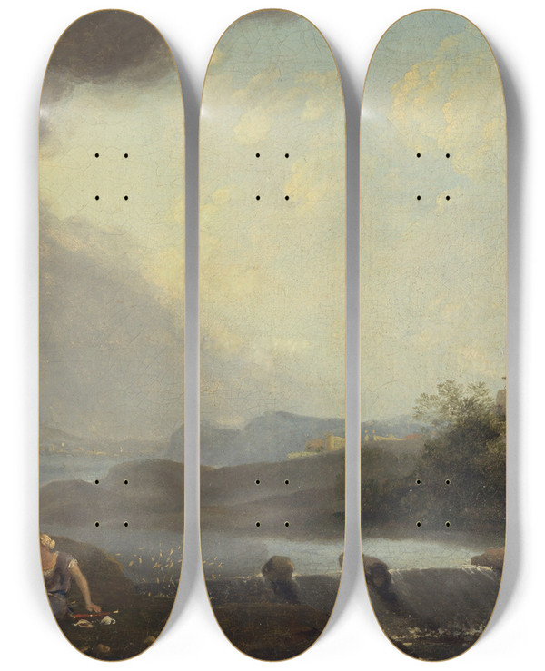 Triptych art skateboard deck of Thomas Jones An Imaginary Italianate Landscape With Classical Figures And A Waterfall by Thomas Jones (1742-1803)