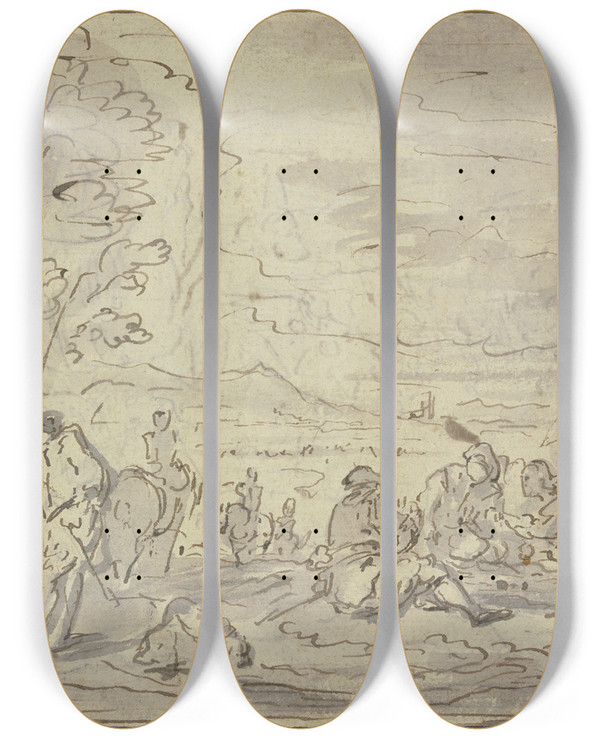 Triptych art skateboard deck of Charles Parrocel Soldier Camp by Charles Parrocel (1688-1752)