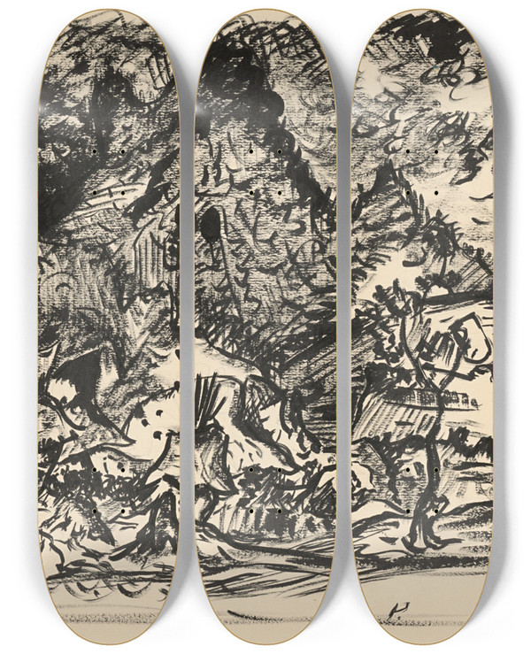 Triptych art skateboard deck of Arnold Peter Weiszkubnan Landscape With A River Study by Arnold Peter Weisz-Kubnan (1898-1944)
