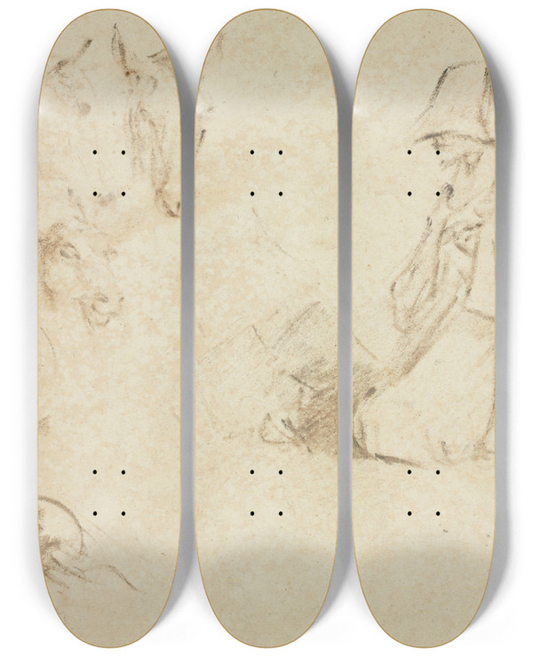 Triptych art skateboard deck of Thomas Gainsborough Sketches Figures And Animals by Thomas Gainsborough (1727-1788)