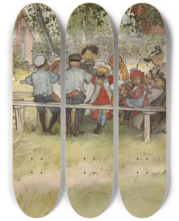 Triptych art skateboard deck of Carl Larsson Breakfast Under The Big Birch by Carl Larsson (1853-1919)