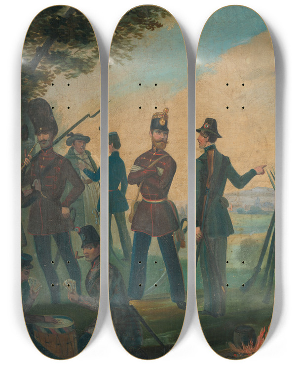 Triptych art skateboard deck of Frantiek Klimkovi Pri Odpoinku Na Pochode by Frantisek Klimkovic (1826-1890)