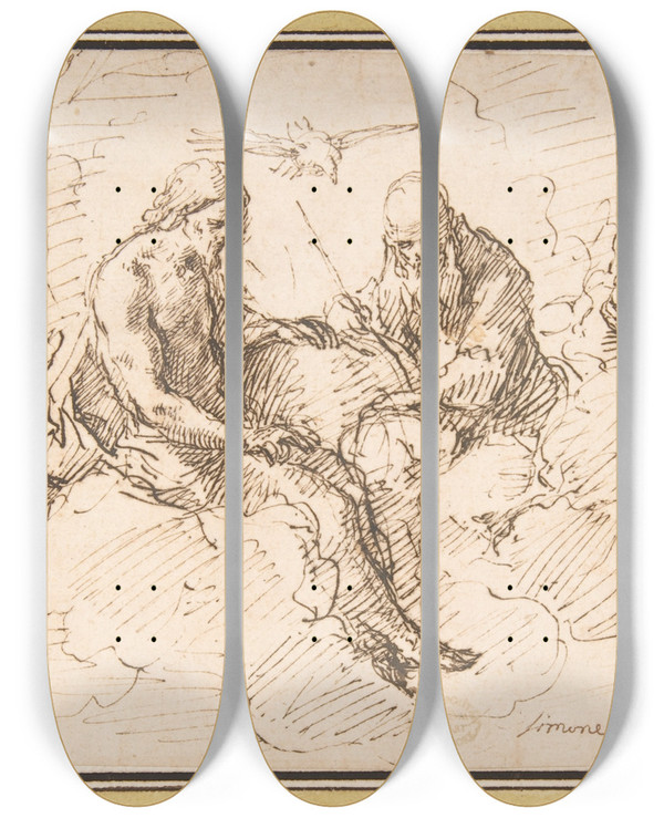 Triptych art skateboard deck of Simone Cantarini The Holy Trinity In Glory by Simone Cantarini (1612-1648)