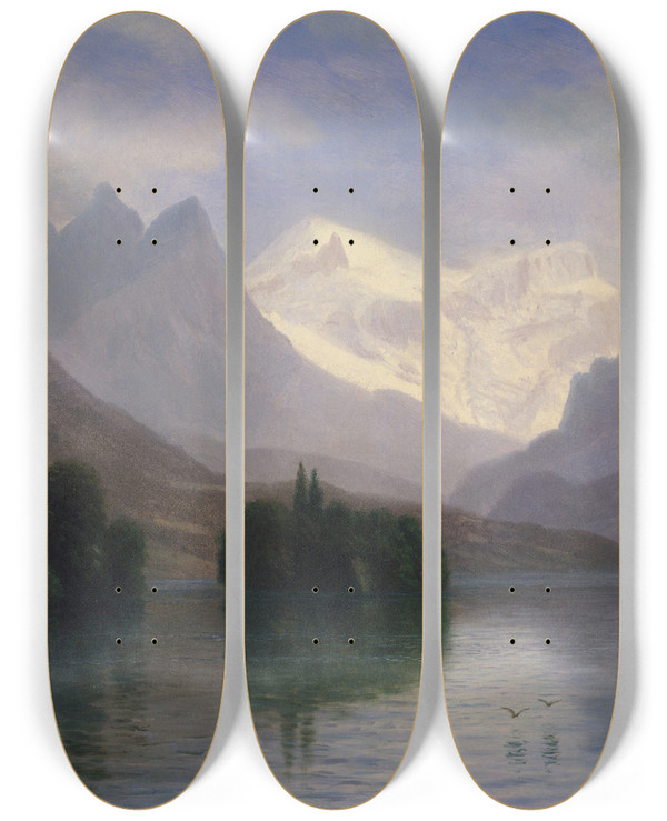 Triptych art skateboard deck of Albert Bierstadt Mountain Scene by Albert Bierstadt (1830-1902)