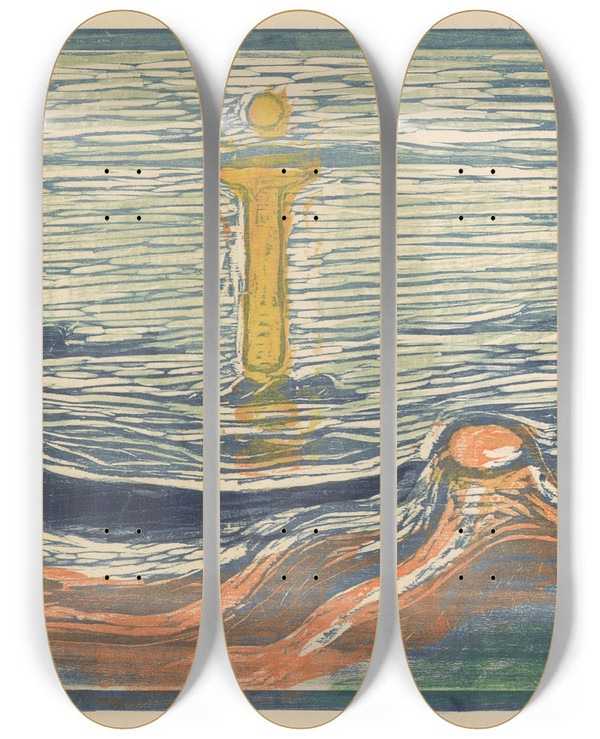 Triptych art skateboard deck of Edvard Munch Mystical Shore_1 by Edvard Munch (1863-1944)