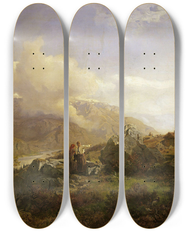 Triptych art skateboard deck of Hans Gude Norwegian Highlands_3 by Hans Gude (1825-1903)
