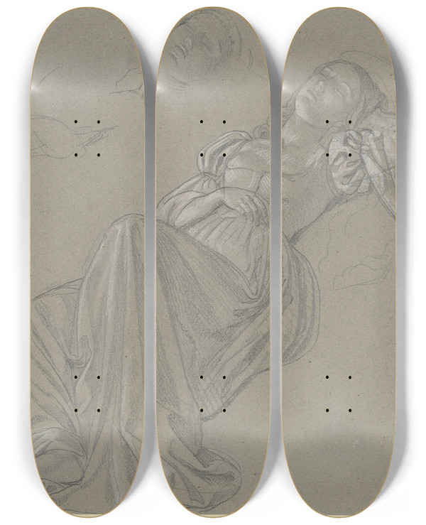 Triptych art skateboard deck of Philipp Winterwerb Studienblatt Schlafendes Mdchen by Philipp Winterwerb (1837-1873)
