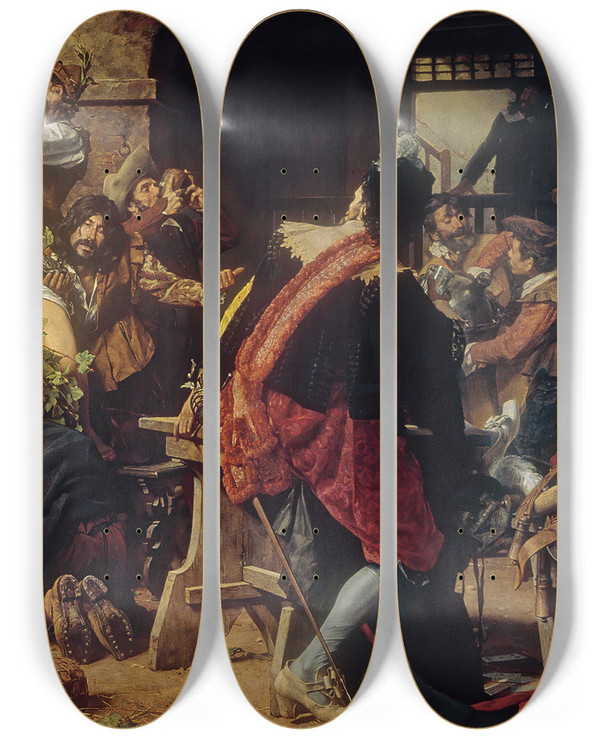 Triptych art skateboard deck of Antonio Fabrs The Drunkards Bacchanal by Antonio Fabres (1854-1938)