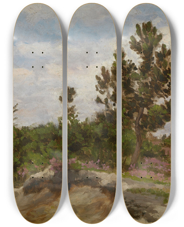 Triptych art skateboard deck of Alfred Elsen A Dune Landscape by Alfred Elsen