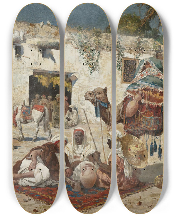 Triptych art skateboard deck of Giuseppe Gabani Caravan At Rest by Giuseppe Gabani (1846-1899)