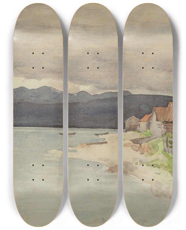 Triptych art skateboard deck of Arthur Rackham Utvik Not A Fjord Norwegian Trip by Arthur Rackham (1867-1939)