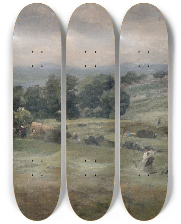 Triptych art skateboard deck of Albert Kappis Heuernte In Weiter Landschaft by Albert Kappis (1836-1914)