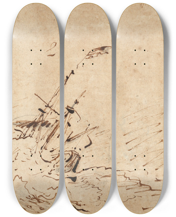 Triptych art skateboard deck of Willem Van De Velde The Younger Ships In A Storm by Willem van de Velde the Younger (1633-1707)