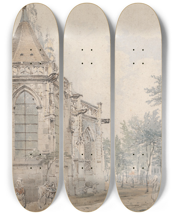 Triptych art skateboard deck of Henry William Burgess St Jacques Dieppe by Henry William Burgess