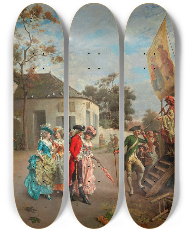Triptych art skateboard deck of Oreste Cortazzo The Fortune Teller by Oreste Cortazzo (1836-1910)