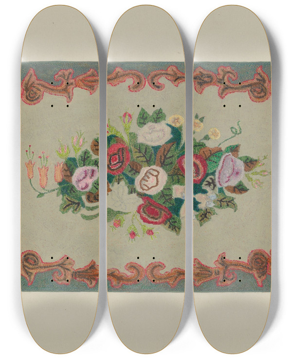 Triptych art skateboard deck of Elizabeth Valentine Hooked Rug_3 by Elizabeth Valentine