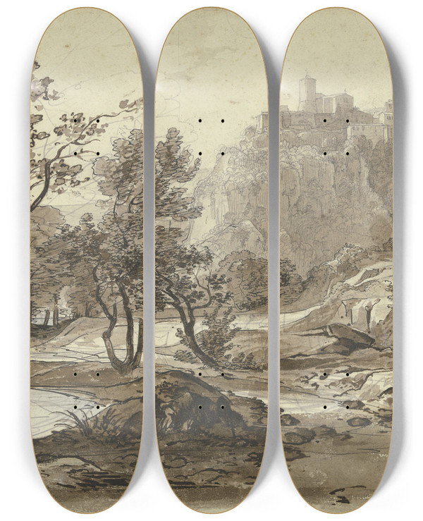 Triptych art skateboard deck of Friedrich Salath Ansicht Von Nemi Im Vordergrund Der Nemisee_2 by Friedrich Salathe (1793-1860)