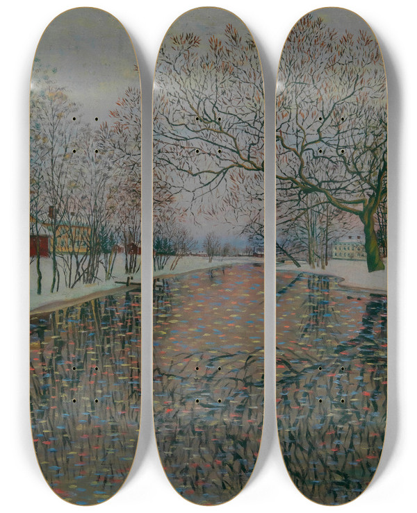 Triptych art skateboard deck of Vilho Lampi Liminganjoki River by Vilho Lampi (1898-1936)