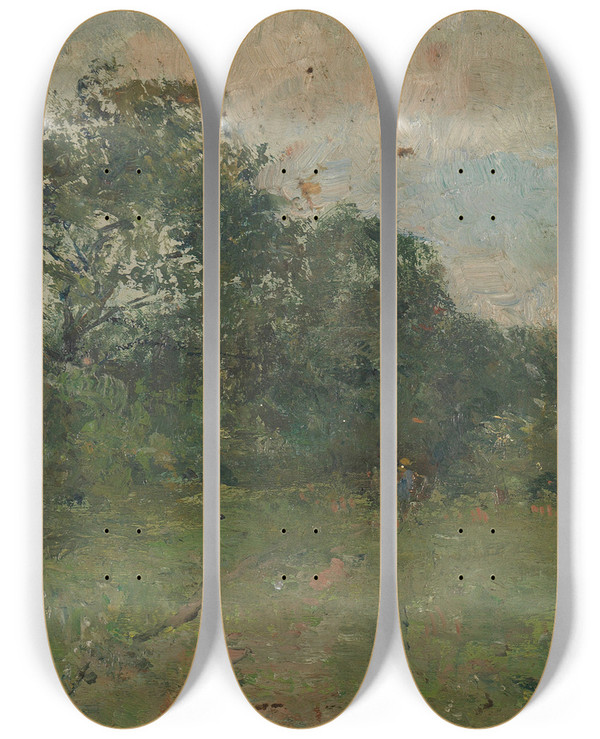 Triptych art skateboard deck of Rudolf Hckner Landschaft Mit Kleinen Gestalten by Rudolf Hockner (1864-1942)