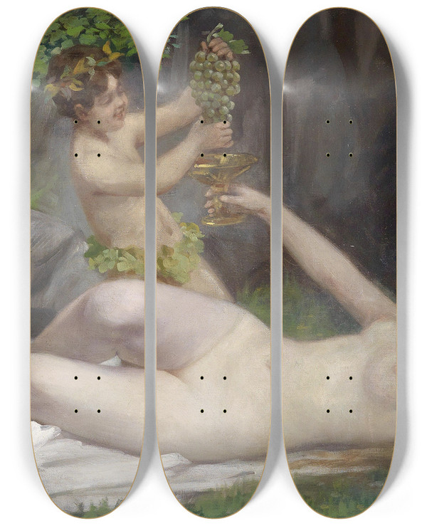 Triptych art skateboard deck of Victor Schivert Waldnymphe Und Ein Junger Bacchus by Victor Schivert (1863-1926)