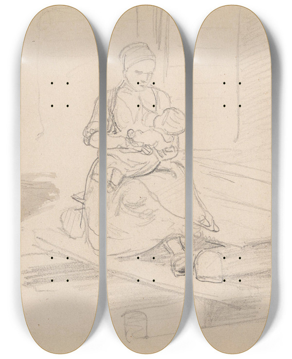 Triptych art skateboard deck of Adolph Tidemand Sittende Barn Mor Som Ammer Sitt Barn Leksand by Adolph Tidemand (1814-1876)