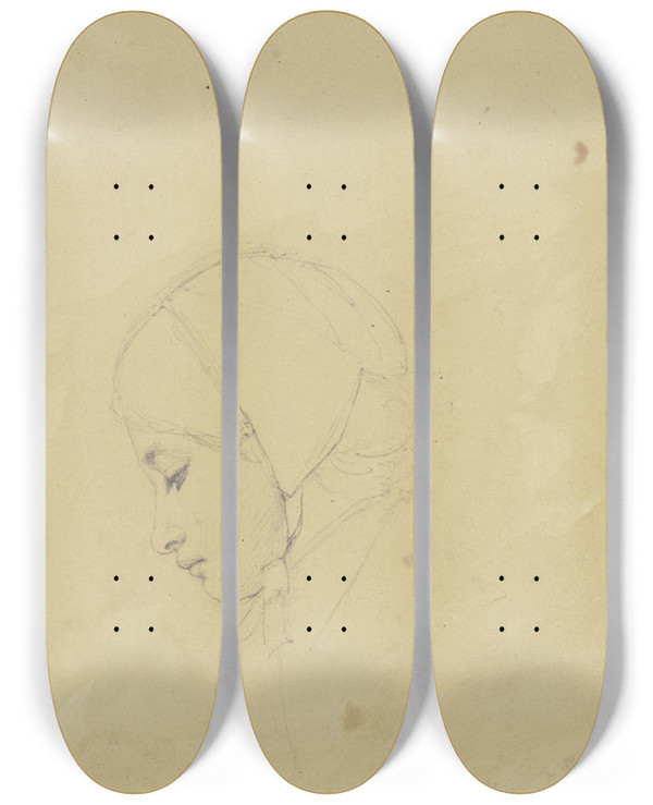 Triptych art skateboard deck of Jakob Becker Studienblatt Bildnis Eines Mdchens Im Profil Nach Links Und En Face by Jakob Becker (1810-1872)