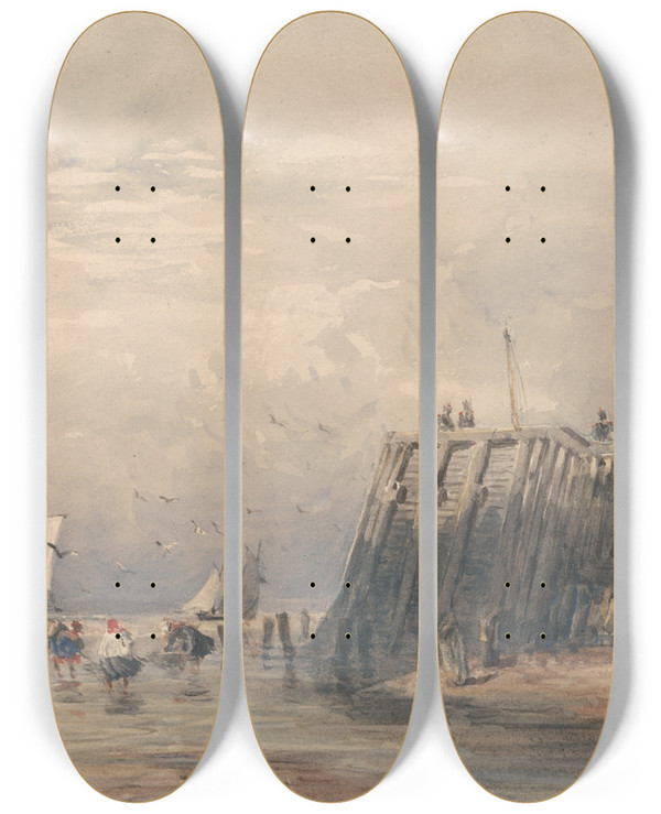 Triptych art skateboard deck of David Cox Sailing Barges And Shrimpers Off A Pier by David Cox (1783-1859)