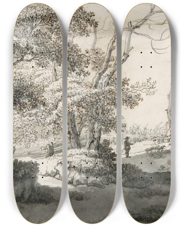 Triptych art skateboard deck of Barend Hendrik Thier Herder Bij Rune In Boomrijke Omgeving by Barend Hendrik Thier (1751-1814)