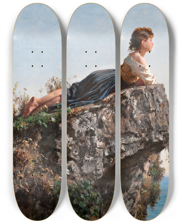 Triptych art skateboard deck of Filippo Palizzi La Fanciulla Sulla Roccia A Sorrento by Filippo Palizzi (1818-1899)