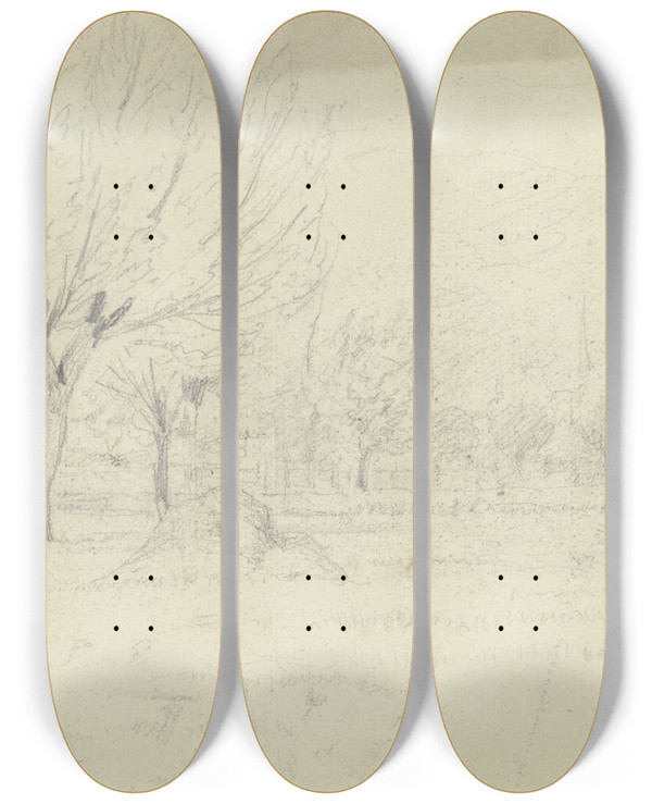 Triptych art skateboard deck of Otto Scholderer Landscape by Otto Scholderer (1834-1902)