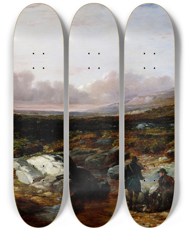 Triptych art skateboard deck of Arthur Fitzwilliam Tait Deer Stalking In Scotland Getting Ready by Arthur Fitzwilliam Tait (1819-1905)