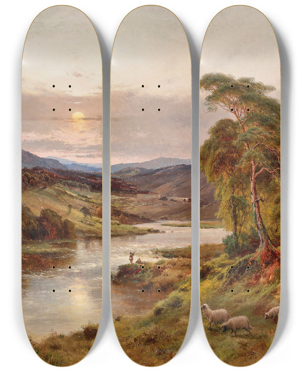 Triptych art skateboard deck of Alfred De Branski The Dee At Balmoral by Alfred De Breanski (1852-1928)