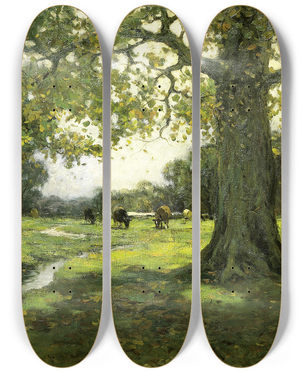 Triptych art skateboard deck of Charles P Gruppe Meadow Brook by Charles Paul Gruppe (1860-1940)