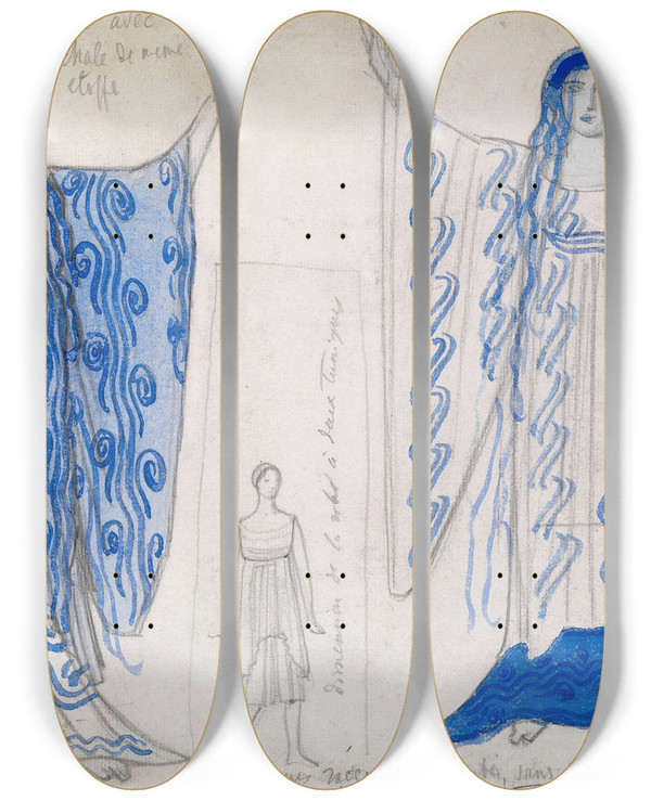 Triptych art skateboard deck of Lon Bakst Costume Design For Phaedra by Leon Bakst (1866-1924)