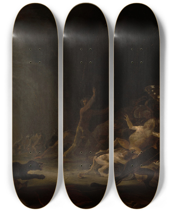 Triptych art skateboard deck of Cornelis Saftleven A Witches Sabbath by Cornelis Saftleven (1607-1681)